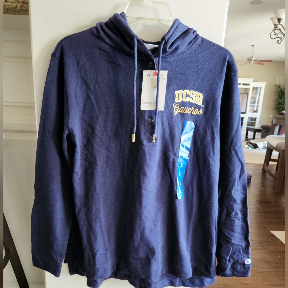 CHAMPION LADIES LARGE NAVY BLUE UCSB UNIVERSITY BUTTON HOODIE NEW